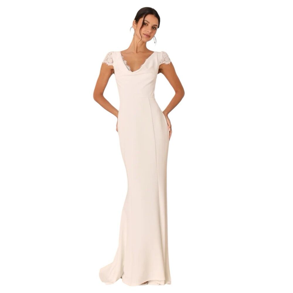 Lulus Maxi Wedding Dress Medium White Lace Cap Sleeve Cowl Mermaid Bridal Bride